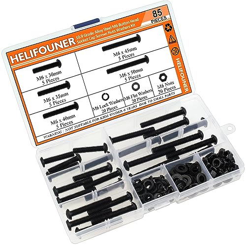 HELIFOUNER 85 Pieces M6 x 30mm /35mm /40mm /45mm /50mm, Button Head Socket Cap Metric Screws Bolts Washers Nuts Kit, 10.9 Grade Alloy Steel, Fully Threaded, Black - size: M6 x 30/35/40/45/50mm, style: Button Head