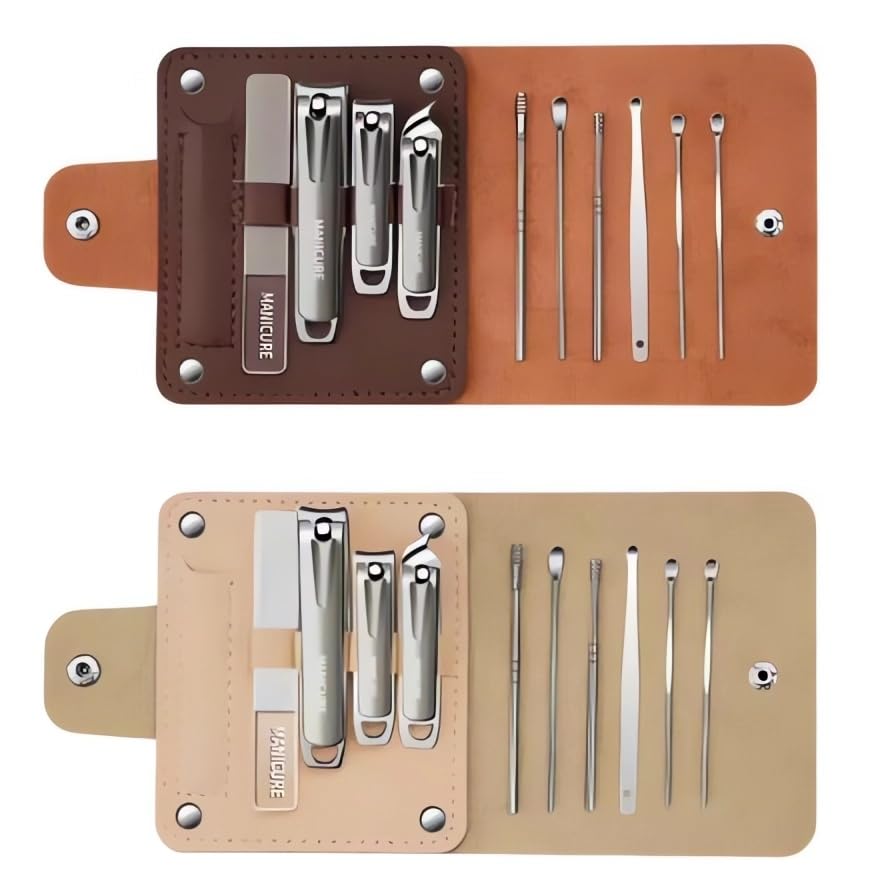 Manicure Set Nail Clippers,10-Piece Professional Nail Care Kit with Leather Case, Stainless Steel Manicure and Pedicure Tools (Brown) - color: Brown