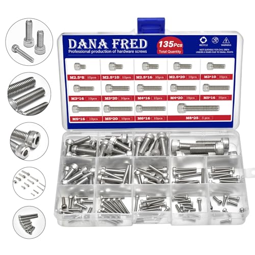 M2.5-M8 Hex Socket Head Cap Screw Metric Thread Hexagon Allen Machine Bolt 135Pcs M2.5 M3 M4 M5 M6 M8 304 Stainless Steel Metal Standard Fastener Hardware Assortment Set for Home Furniture Fastener