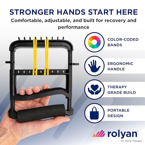 Rolyan Ergonomic Hand Exerciser with Padded Handle, Adjustable Squeeze Tool, 4 Pairs of Rubber Bands for Progressive Resistance, Improves Hand Grip Strength in Fingers, Hand, & Thumb, Black - color: Black, style: Padded Handle