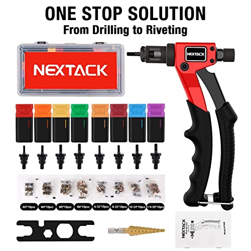 NEXTACK Rivet Nut Tool Kit with Step Drill Bit & 80 Nutserts for Tight Space, 8 Inch Rivnut Tool Set Riveter with 8 Mandrels 6-32 8-32 10-24 1/4-20 M3 M4 M5 M6 in Organized Rugged Carrying Case NT600 - size: 8-inch Single-handed Rivnut Tool Kit/80 Nutsert
