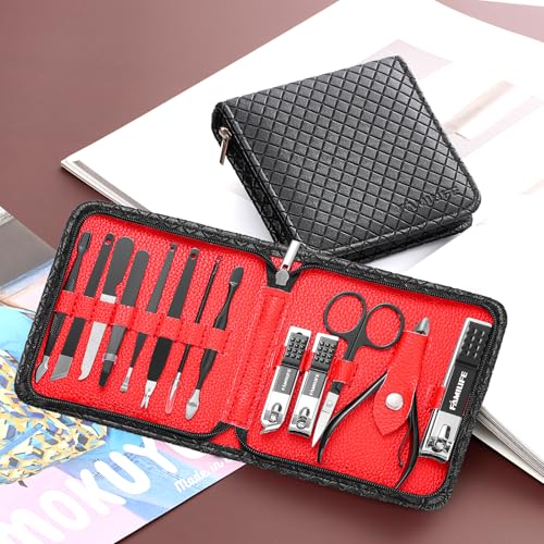 FAMILIFE Nail Kit, Professional Manicure Set Manicure Kit Nail Clipper Set, 13 in 1 Stainless Steel Pedicure Sets Clipper Tool, Men Grooming Tool with Portable Black Leather Travel Case for Him - color: Black
