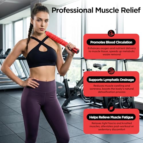 Muscle Roller & Massage Roller Stick for Athletes - Lymphatic Drainage Support, Relieves Muscle Soreness, Cramping & Tightness - Targets Legs, Arms, Back & Calves (Red - 18inch) - color: Red