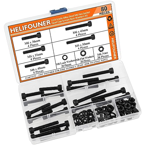 HELIFOUNER 80 Pieces M6 x 30mm /35mm /40mm /45mm /50mm, Hex Socket Head Cap Metric Screws Bolts Washers Nuts Kit, 12.9 Grade Alloy Steel, Fully Threaded, Black - size: M6 x 30/35/40/45/50mm, style: Socket Head