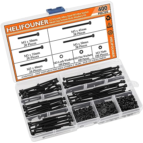 HELIFOUNER 400 Pieces M3 x 30mm /35mm /40mm /45mm /50mm, Hex Socket Head Cap Metric Screws Bolts Washers Nuts Kit, 12.9 Grade Alloy Steel, Fully Threaded, Black - size: M3 x 30/35/40/45/50mm, style: Socket Head
