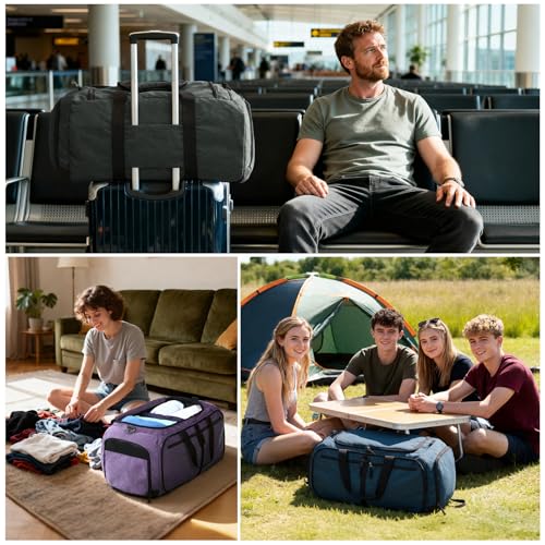 MIER Packable Travel Duffle Bag with Shoe Compartment, 80L, Purple | Foldable Weekender Duffel; Multi-Pockets; Adjustable Shoulder Strap; Luggage Sleeve; Travel, Sports, Camping, Gym - color: Purple, size: 80L