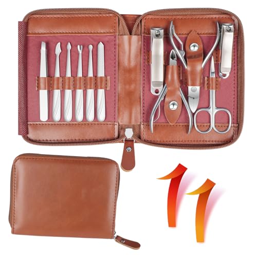 Manicure Set 11 in 1 Stainless Steel Nail Clippers for Men,Manicure Kit for Women,Nail Grooming Kit,Nail Clipper Set,Personal Care Tools - color: Brown