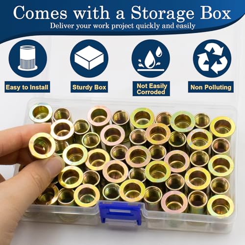 50Pcs M10 Rivet Nuts, Metric Zinc Plated Finish Carbon Steel Flat Head Threaded Insert Nutsert Kit - color: Yellow, size: Metric M10 - 50 Pcs