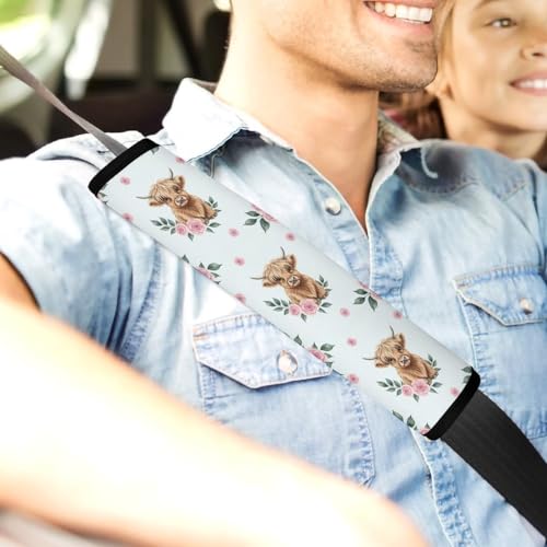 2PCS Western Animal Pink Rose Highland Cow Bull Cattle Seat Belt Cover Breathable Automotive Seat Belt Protector for Adult Use, Most Cars, Pressure Relief - color: Pattern 1139