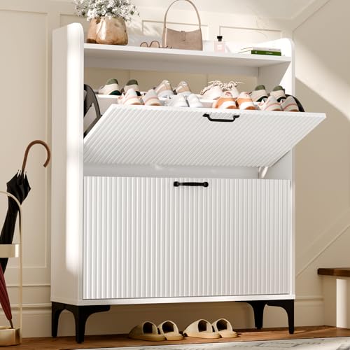 HIFYOBRO Narrow Shoe Storage Cabinet for Entryway, Shoe Cabinet with 2 Flip Drawers, Hidden Shoe Rack with Fluted Panel, Modern Freestanding Shoes Organizer for Hallway (White)