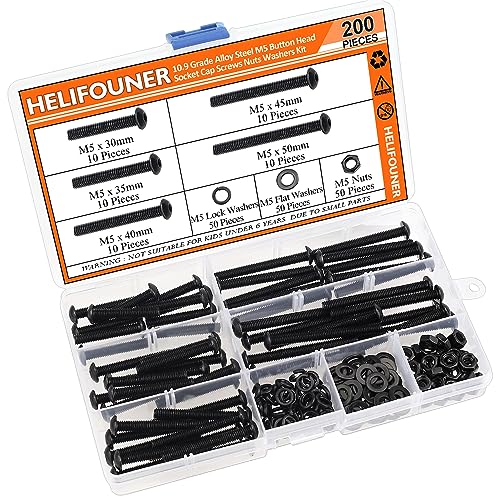 HELIFOUNER 200 Pieces M5 x 30mm /35mm /40mm /45mm /50mm, Button Head Socket Cap Metric Screws Bolts Washers Nuts Kit, 10.9 Grade Alloy Steel, Fully Threaded, Black - size: M5 x 30/35/40/45/50mm, style: Button Head