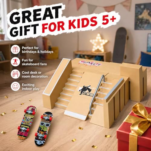 Mnixy 8-in-1 Fingerboard Skate Park Kit with 2 Mini Boards, Ramps and Rails | Includes 2 mini fingerboards, 5 ramp pieces, 18 connectors and screwdriver for building stairs, rails and custom skate parks.