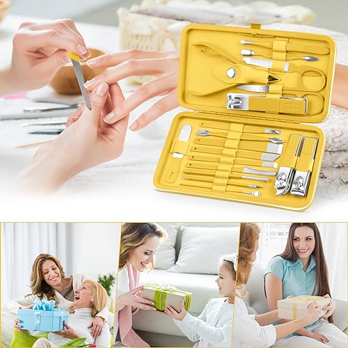Teamkio 18pcs Manicure Set Pedicure Nail Clippers Set Travel Hygiene Kit Stainless Steel Professional Cutter Care Set Scissor Tweezers Knife Ear Pick Tools Grooming Kits with Leather Case(Yellow) - color: Yellow