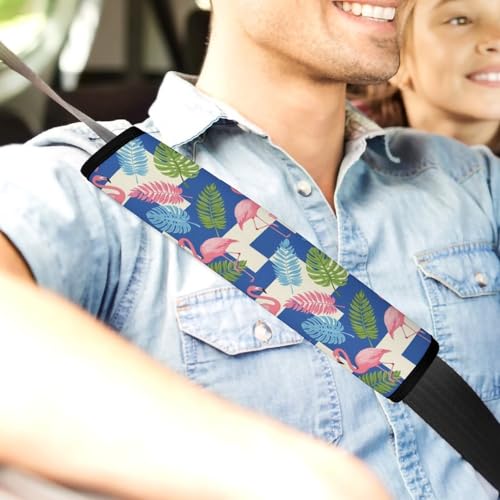 1 Pair Universal Soft and Comfortable Car Seat Belt Pad for Girls and Boys, Most Cars, Tropical Flamingo Hibiscus Leaves Harness Pads Strap, Neck and Shoulder Support - color: Pattern 1277