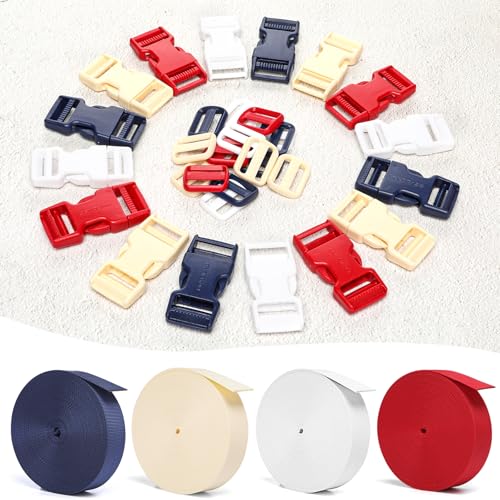 BEYOURD Buckle and Strap Set, 10 Yards Polyester Webbing Strap with 6 Dual Adjustable Side Release Plastic Buckles, 12 Pieces Tri-Glide Slider Clips for Custom Projects (Everyday Series 1 Inch, White) - color: White
