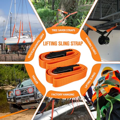 2PCS 2" x5FT & 2PCS 2" x10FT Heavy Duty Nylon Lifting Sling Strap, 18800lb Capacity Super Sturdy Flat Eye Rigging Strap for Hoist, Towing, Moving, Tree Saver Recovery, and Winch