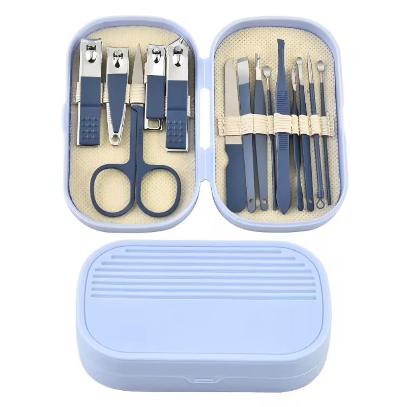 A set of 14-piece stainless steel nail and foot care tools, including a portable storage box (blue) - color: blue