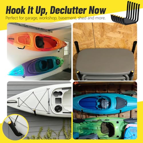 GEEDAR Heavy Duty Garage Storage Hooks -75 LB Capacity, 6packs, 9.8" Wall Mounted Rack for Hanging Paddle Board, Ladders, Bikes Enforced Kayak Storage Hanger - size: Medium (9.8", 6 packs)