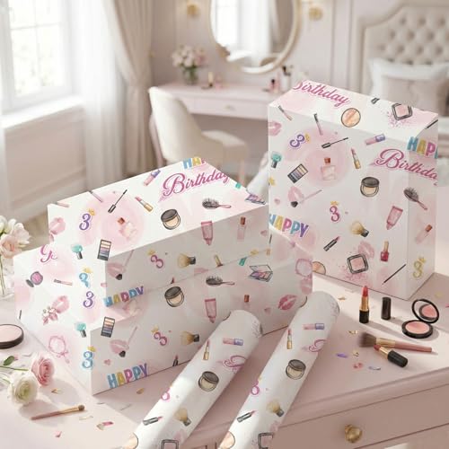 Liobelon Threenager Birthday Wrapping Paper Roll – 17" x 16.5 Ft Girl Gift Wrap with Watercolor Cosmetics & Lip Print Design, Teen Girl Party Supplies for 3rd Birthday, Daughter Sister Gift Wrap - color: Threenager