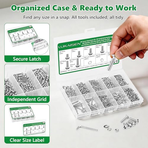 981 Pcs M2 Hex Button Cap Screws Nuts Washers Wrench Kit, 304 SS | with Flat & Spring Washers, Metric Fasteners for RC Cars & Electronics, M2 x 4/6/8/10/12/16/20mm,Clear Label Storage Box - size: SS M2 981pcs 2