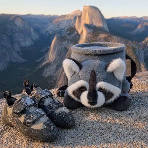 Funny Rock Climbing Chalk Bag, Soft Knitted Climbing Chalk Pouch with Drawstring Adjustable Belt, Fit Bouldering, Gymnastics & Outdoor Activities for Climbers - style: Raccoon