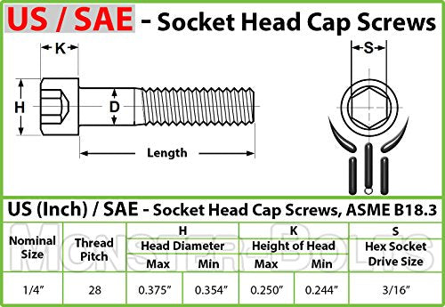 MonsterBolts - 1/4"-28 x 1/2" Socket Head Screws, ASTM A574, Alloy Steel, Black Oxide, 10 Pack - size: 0.5 In. (1/2")