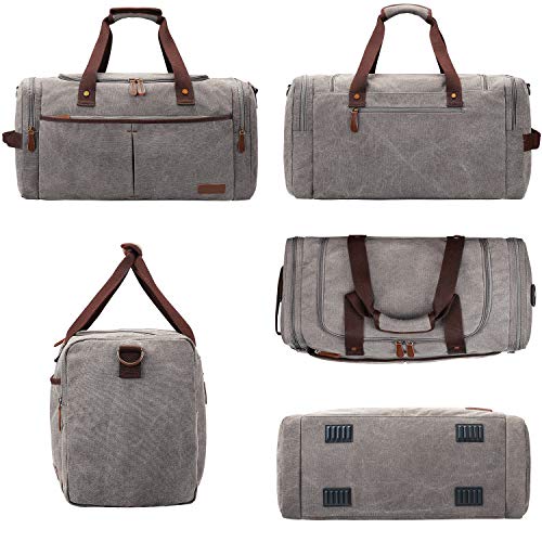 S-ZONE 65L Expandable Canvas Duffle Bag Travel Overnight Holdall Weekend Bag with Shoes Compartment Large Carry On Bag Tote Gym Bag for Men Women, Light Gray, X-Large, Travel Duffle | Water-resistant, X-Large Size, Multi-Pockets, Removable Shoulder Strap,
