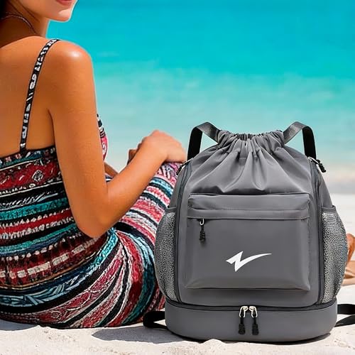 Sport Drawstring Backpack, Gym Bag with Mesh Side Pockets and Separate Shoe Compartment, Water-Resistant (Orange) - color: Orange