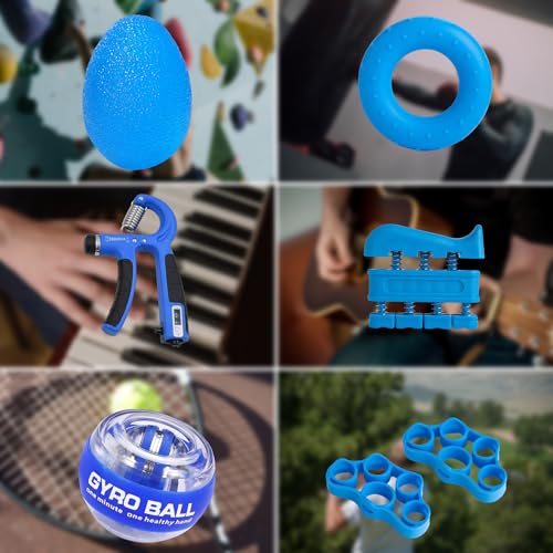 Hand Grip Strengthener Workout Kit (8 Pack) Forearm Grip Adjustable Resistance Hand Gripper, Finger Stretcher, Finger Exerciser, Grip Ring,Gyro Ball (blue)