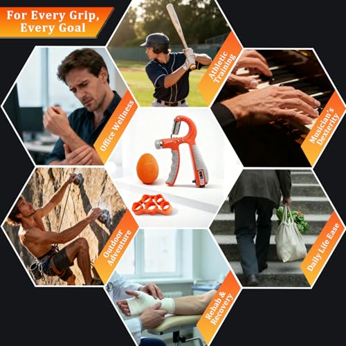 CYFIE Grip Strength Trainer Kit, Adjustable 10-132 lb, Hand Exerciser | Forearm Strengthener, Finger Stretcher, Stress Ball and Bag for Grip Recovery, Wrist Training, Rehab, Climbers and Musicians - color: Orange