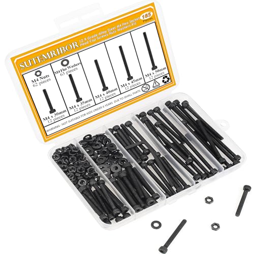185 Pieces M4 x 30/35/40/45/50mm Hex Socket Head Cap Screws Nuts Washers Set Black, Sutemribor M4 Long Screws, M4 Black Screws Nuts Washers Assortment Kit, 12.9 Grade Alloy Steel, Fully Threaded - size: M4 x 30/35/40/45/50mm Kit, style: Socket Head