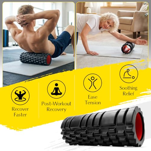 Foam Roller 13" High-Density Deep Tissue for Muscle Recovery | Patented Muscle Roller for Muscle Massage and Myofascial Trigger Point Release Back Roller for Fitness, Yoga, Pilates, Black - color: Black