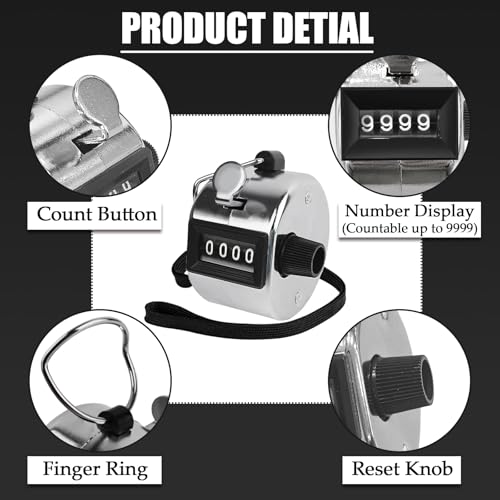 GDMINLO Metal Hand Tally Clicker Counter, 4-Digit Number Count Clicker with Metal Case Mechanical Counter for Coaching, Knitting, Lap, Fishing, Golf and Row with 2-Nylon Lanyard,Silver