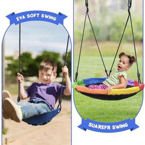 2 in 1 Swing Sets for Backyard, 440lbs Metal Stand with Saucer Swing | 32in Saucer & Belt Swing, A-Frame Steel, Ages 3-12, Adjustable Height, Ground Stakes, Outdoor Playground