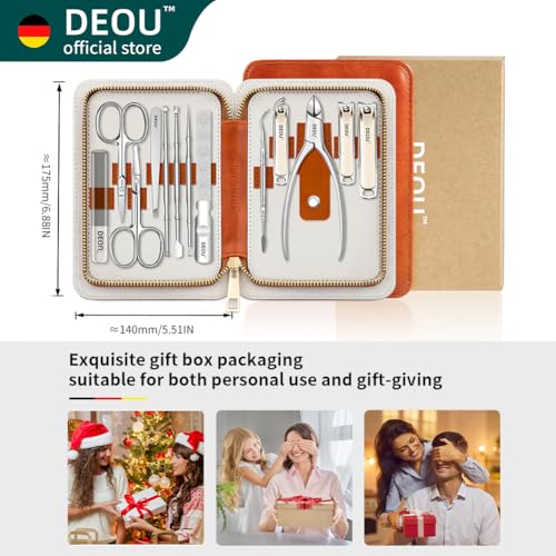 DEOU 13pcs Women Nail Grooming Kit Stainless Steel Professional Manicure Set Nail Care Tools with Luxurious Portable Travel Case Gift | Manicure Pedicure Kit for Men Women, Nail Care Cuticle Tools, Luxury Finger & Toe Nail Clipper Set, Grey Travel Case -