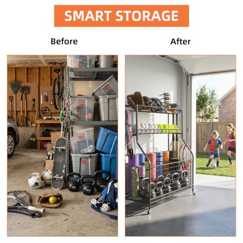 Garage Sports Equipment Organizer,Ball Storage Rack,Garage Organizer with Baskets and Hooks, Sports Gear Storage,Garage Ball Storage, Black