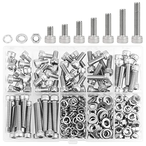 HELIFOUNER 210 Pieces M5 x 6mm /8mm /12mm /16mm /20mm /25mm /30mm, Hex Socket Head Cap Screws Bolts Washers Nuts Kit, 304 Stainless Steel (Hex Wrench is Not Included) - size: M5, style: Socket Head Screws