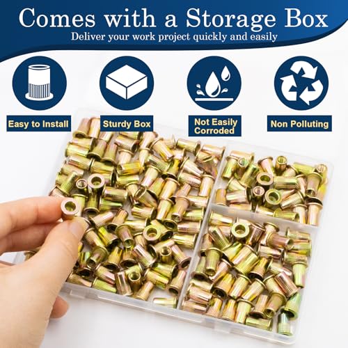 160Pcs M5 Rivet Nuts, Metric Zinc Plated Finish Carbon Steel Flat Head Threaded Insert Nutsert Kit - color: Yellow, size: Metric M5 - 160 Pcs