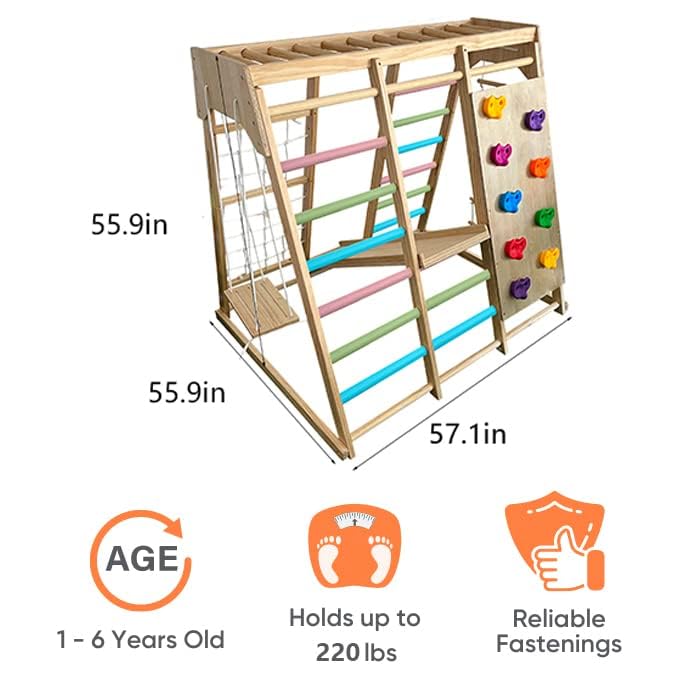 Avenlur Magnolia Indoor Playground 7-in-1 Jungle Gym Playset for Kids 2-6yrs - Slide, Climbing Wall, Rope Wall Climber, Monkey Bars, Swing - Waldorf and Montessori Style Wooden Climb Set. USA Company. | Wooden Montessori play gym, indoor playground ages 2