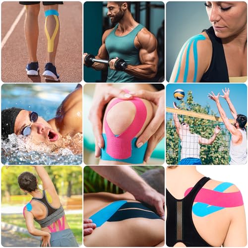 SUPERBE Precut Kinesiology Tape (3 Rolls Pack), Elastic Sports Tape for Pain Relief, Muscle Support, Recovery and Physio Therapy, Breathable, Waterproof (Beige Blue Pink) - color: Beige Blue Pink