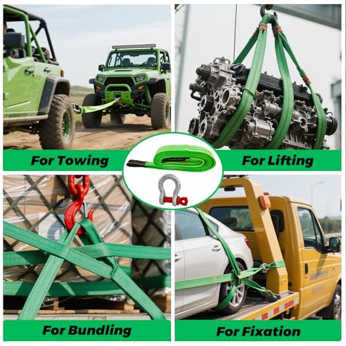 HENBOW Heavy Duty Flat Lift Sling with D Ring Shackle,8'X2 Lift Sling Straps 4400 lbs Safety Load,Web Sling for Hoist Car Tree Saver Winch Recovery - size: 2 Inch × 8 FT