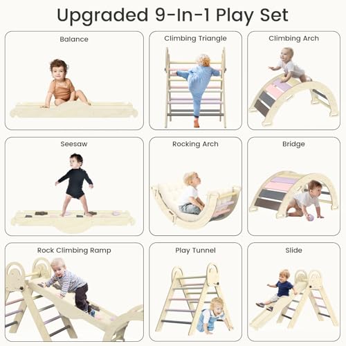 Pikler Triangle Set, Baby Climbing Playset Toys Indoor, Jungle Gyms for Toddlers Ages 1-4, Toddler Climbing Playground with Cushion & Toy Car - color: Purple