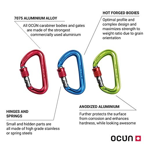 Ocun Hawk Carabiner with Screw Lock, 3-Pack for Rock Climbing, Multipitching and Belaying
