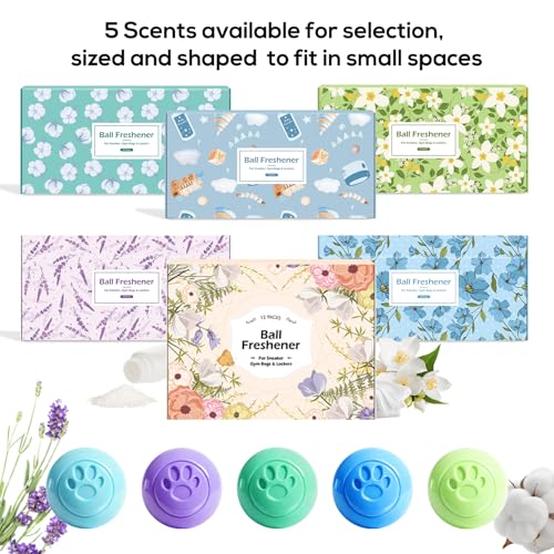 SCENTORINI Shoe Deodorizer Balls, 12 Pack Sneaker Deodorizer Balls | Odor Eliminator for Smell Shoes, Long Lasting Shoe Freshener for Gym Bags, Drawers and Small Spaces