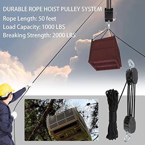 XSTRAP 5:1 Block&Tackle Pulley System Rope Hoist, 50 Ft, 2000 LBS Black | Heavy-Duty 2000 LBS Breaking Strength with 2PK Soft Loops, Pulley Hoist bearing metal wheels for Lifting Heavy Objects - color: Upgraded 50ft Black