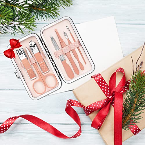 Manicure Pedicure Set Stainless Steel Nail Clippers Personal Nail Clipping Tools Portable Travel Grooming Kit with Snap-shut Case, Rose Gold