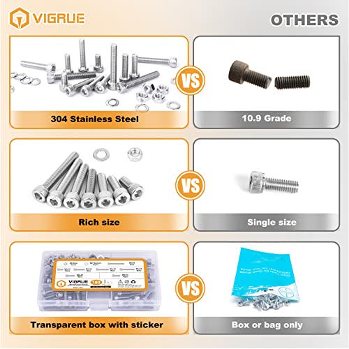 VIGRUE 180Pcs M6 Stainless Bolt Kit, M6x12/16/20/25/30/35/40mm Hex Socket Head Cap Screws Nuts Washers Assortment, Full UNC Thread - size: m6 socket stainless 12-40mm