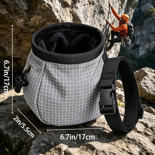 Rock Climbing Chalk Bag, 210D High-Tensile Polyethylene Durable Chalk Bag with Fleece Lining & Adjustable Belt, for Bouldering, Gym, Weightlifting - color: Grey