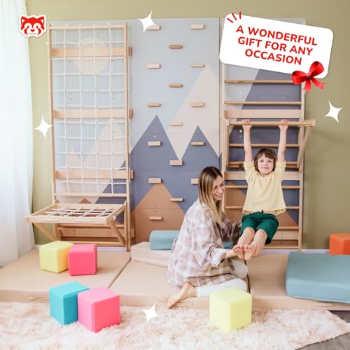 Wood And Hearts 4in1 Modular Swedish Wall Gym Set for Kids Indoor Active Play – Wooden Swedish Ladder with Adjustable Pull-Up Bar, Rope Climbing Wall & Rock Climbing Panels (Base Set + Sit-Up Bar) - style: Base Set + Sit-Up Bar