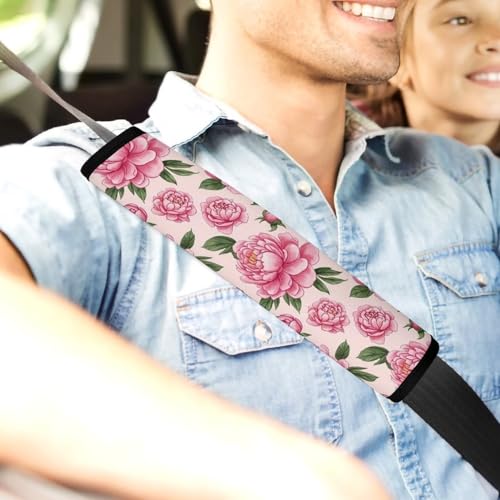 2PCS Floral Peony Pink Flower Green Leaves Seat Belt Cover Soft Padded Neck Strap Covers for Kids, All Vehicles, Comfortable Driving - color: Pattern 407